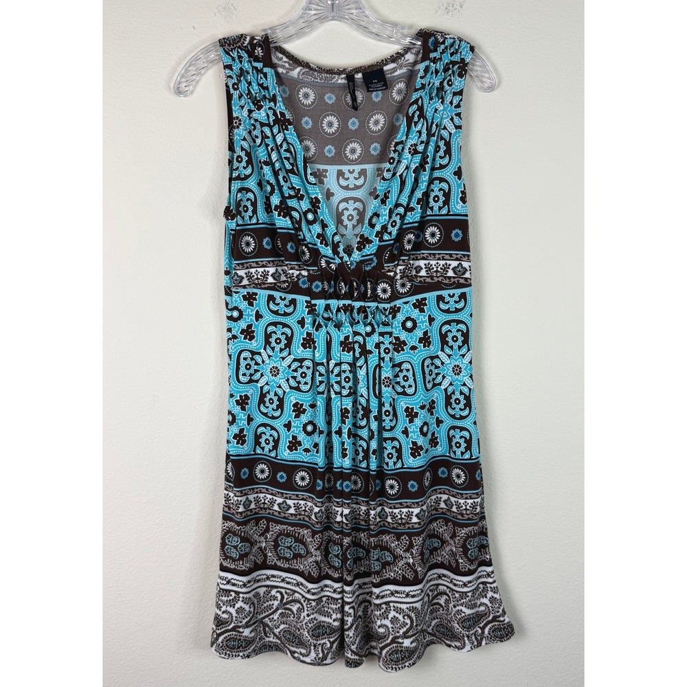 New Directions Top Womens PS Petite Blue Brown Paisley Medallion Empire Waist